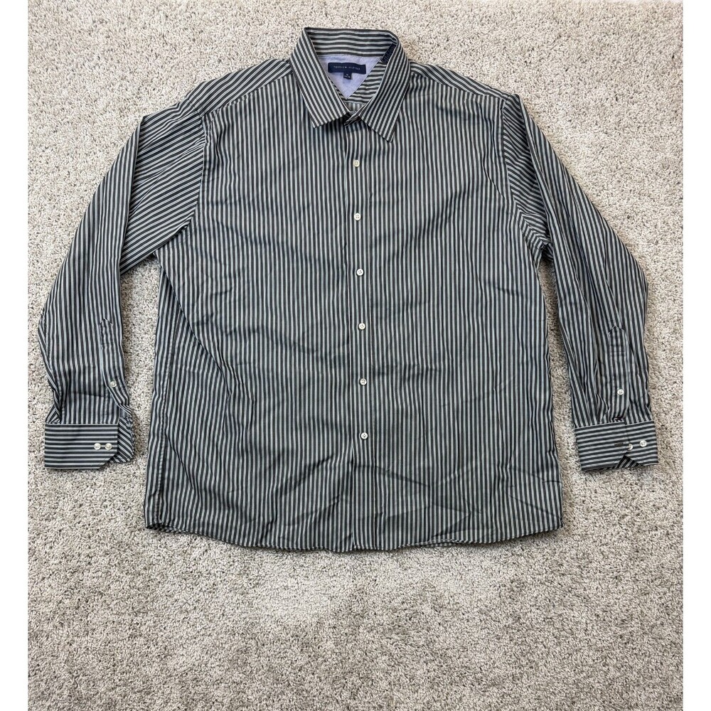 Tommy Hilfiger Mens 18 34/35 Black Blue Striped Cotton Dress Shirt Long Sleeve